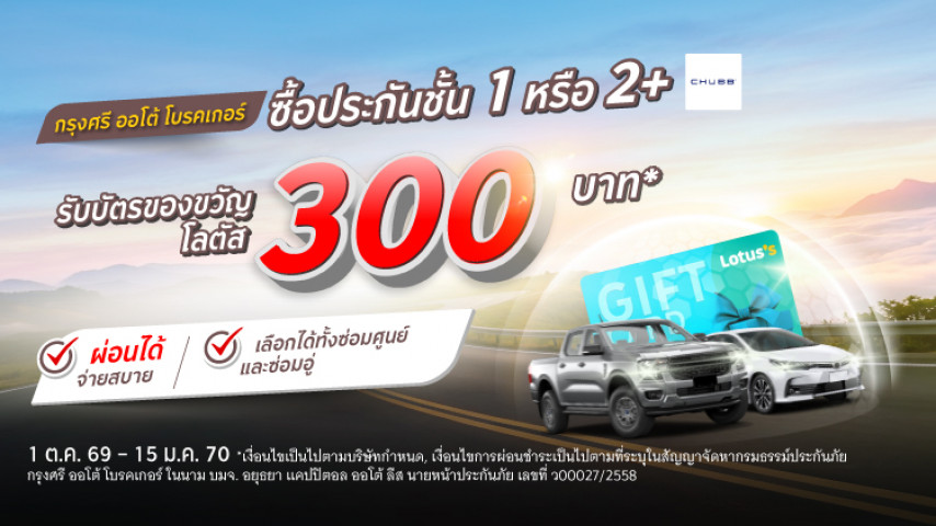 ซื้อประกันรถ ชั้น 1 หรือ 2+ รับบัตรกำนัลโลตัส 300 บาท โดย บมจ. ชับบ์สามัคคีประกันภัย